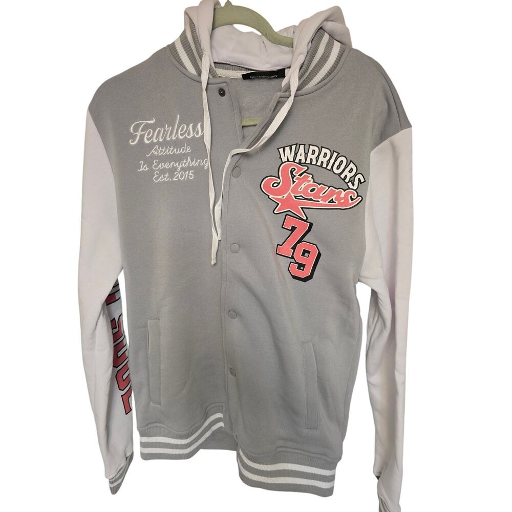Rebel Minds Mens L Warriors Stars 79 Hooded Varsity Jacket Gray Large NWT NEW